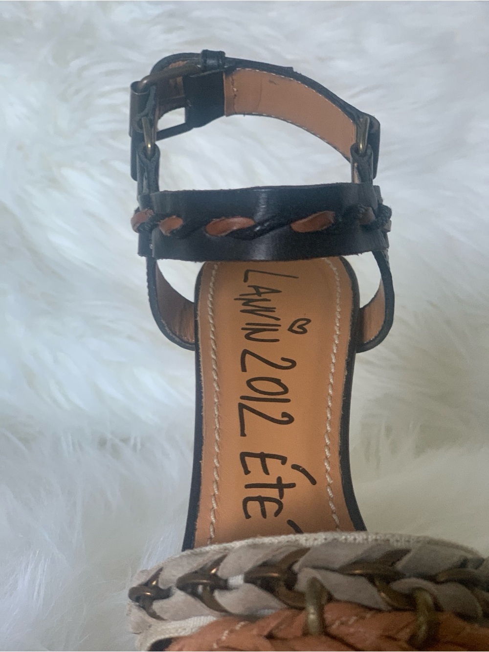 Lanvin Black, Tan & Cream Braided Cork Platform Sandals - Picture 11 of 12